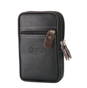 Men Business PU Leather Phone Belt Pouch Waterproof Multifunctional Waist Bag Case Lychee Pattern Triple Zipper Layers Pack