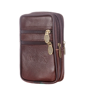Men's dark brown lychee grain leather waist bag with triple zippers and belt loop