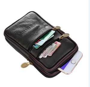 Vertical genuine leather waist bag for men with multi-zipper pockets for large phones