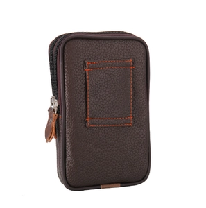 Vertical dark brown men's belt pouch with litchi grain texture and dual zipper compartments