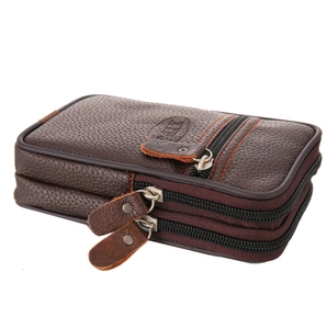 Vertical faux leather belt phone pouch for men with triple zipper brown pockets