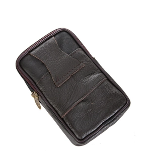 Men's dark brown genuine leather belt pouch with dual zippers for smartphones