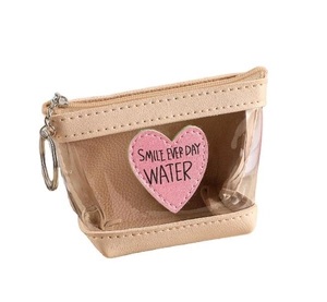 Porte-monnaie transparent en forme de cœur avec cuir PU beige et crochet porte-clés