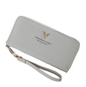 Light gray women's long zipper wallet with gold deer logo and lychee pattern finish