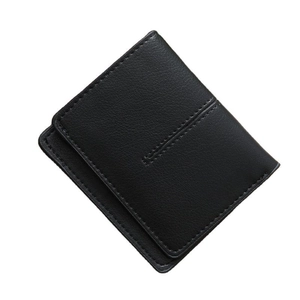 Classic black leather bifold wallet with lychee texture and stitching detail for men