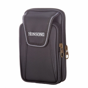 Black pebbled leather vertical waist bag for men with triple zippers and belt loop