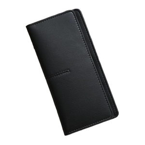 Minimalist black long wallet in lychee grain leather with fine stitching on white background