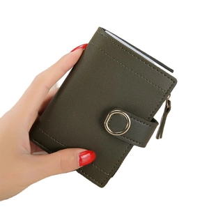 Dark green folding PU leather wallet for women with golden metal ring and side zipper