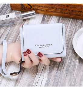 Close-up of a light blue tri-fold wallet with wrist strap held in a premium lifestyle setting