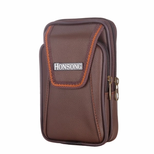 Vertical dark brown leather men's belt pouch with double zippers and woven trim detail