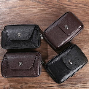 Men PU Leather Belt Loop Phone Bag Double Zipper Litchi Texture Flip Cover Waist Pack Casual Mini Wallet Black Coffee