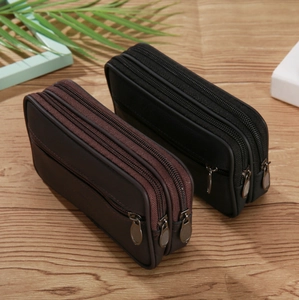 Faux leather belt pouch for men featuring three zipper pockets in black and brown