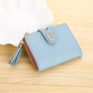 Women's Mini PU Leather Short Wallet Minimalist Solid Color Purse With Tassel Metal Buckle Card Coin Holder Small Clutch