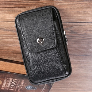 Men's black lychee pattern leather belt pouch with magnetic flap and zipper closure