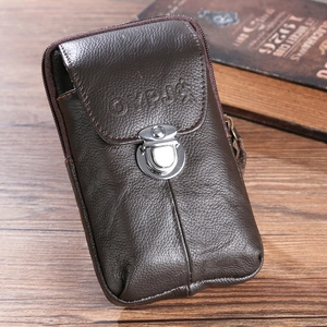 Dark brown pebble leather 6.5 inch mobile phone belt pouch with metallic snap button
