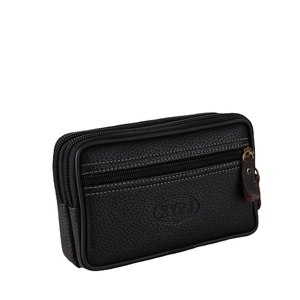 Three-layer black pebble leather men's belt waist bag with bronze zipper detail
