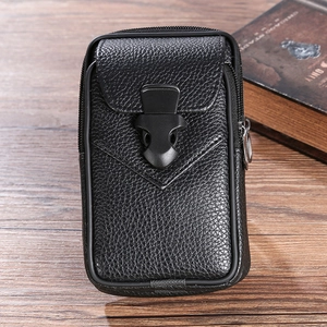 Vertical leather cell phone belt pouch with lychee grain and dual zipper pockets