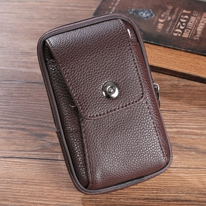 Vertical dark brown leather phone holster with magnetic flip and side zipper pouch