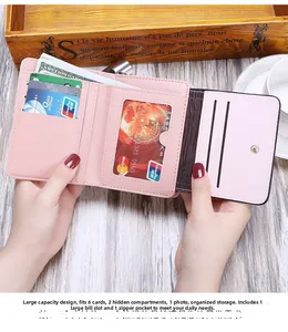 Detailed interior of pink trifold wallet showing 6 card slots and photo window