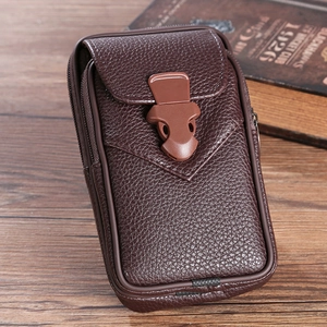 Detail of dark brown litchi leather phone pouch with secure plastic buckle and side zipper
