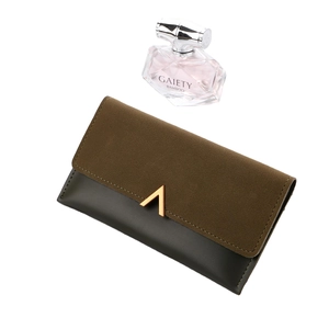 Three-fold tricolor long wallet for women with frosted texture and gold V-shaped buckle
