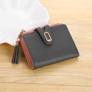 Short minimalist women's wallet in dark grey PU leather with tassel zipper and metal ring