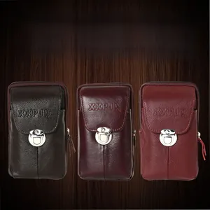 Mens leather belt pouches in black, brown and dark red with metal buckle closures