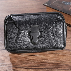 Detail of black litchi grain leather phone waist pouch with secure buckle closure