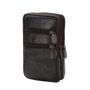 Dark brown leather phone waist bag with triple zipper pockets and belt loop for men