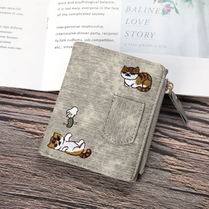 Cat embroidery canvas wallet with denim style and large capacity featuring cat motifs