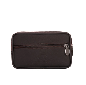 Waterproof dark brown leather belt waist bag with dual zippers for mobile phones