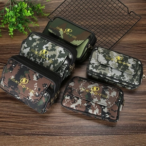 Durable camouflage nylon waist bag with belt loop and triple zipper pockets for mobile