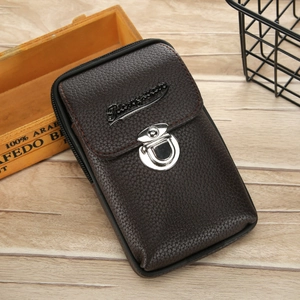 Men's dark brown lychee texture PU leather waist bag with metal buckle and zipper closure