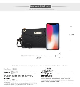 Detail view of double-layer crossbody phone bag with size specifications and dimensions