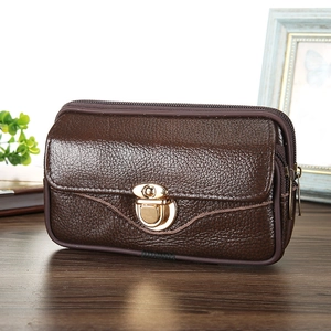Men's dark brown lychee leather belt pouch with gold metal lock and dual zippers