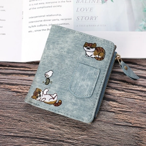 Cute Embroidered Cat Women Wallet Short PU Leather Zipper Coin Purse Small Bi-fold Card Holder Pocket Bag For Daily