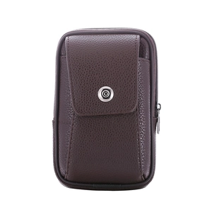 Retro dark brown leather waist bag with flap pocket and zipper for 6.5-inch phone