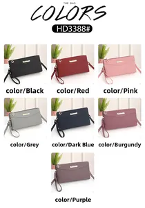 Detail showing various colors of quilted PU leather crossbody wallets with metal plaque