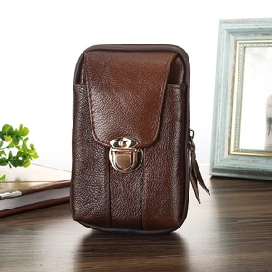 Deep brown leather phone holster waist bag with secure buckle for outdoor sports
