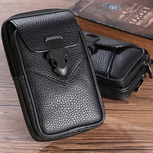 Detail of black litchi grain leather waist phone bag with zipper and secure buckle