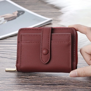 Women Short PU Leather Wallet Zipper Retro Mini Coin Purse Card Holder Multi Slot Snap Buckle Clutch Casual Daily Handbag