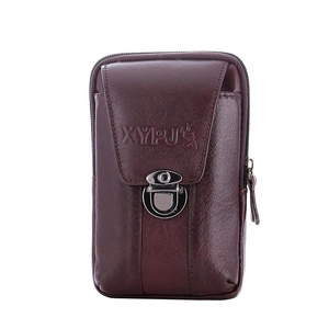 Mens dark brown leather phone holster with metal buckle for 6.5 inch belt attachment