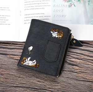 Denim style black canvas wallet with cute orange cat embroidery and gold zipper closure