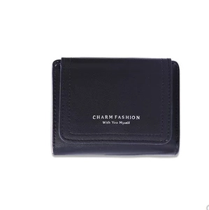 Three-fold black leather wallet for women with snap closure and silver lettering print