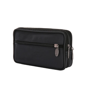 Detail of black faux leather waist bag with lychee texture and three zip compartments