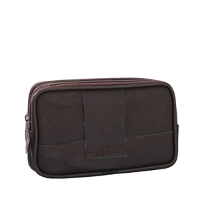 Detail of dark brown leather belt pouch with dual zippers and durable belt loop