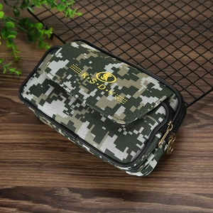 Detail of durable digital camo phone holster with three zippers on a wooden surface