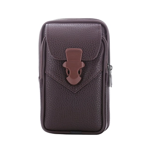 Brown lychee textured leather mobile phone belt pouch for men with multi-layer pockets