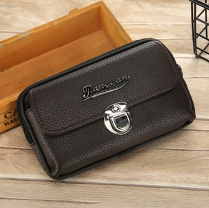 Dark brown lychee grain PU leather belt pouch with dual zippers and vintage buckle