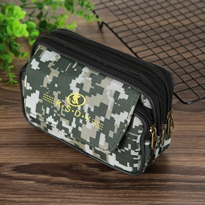 Detailed view of the digital camouflage tactical waist bag with triple zipper pockets